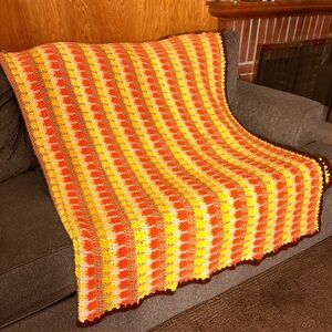 Vintage 70s Crochet Striped Afghan Blanket Warm Groovy Colors Full Size 60 X 100